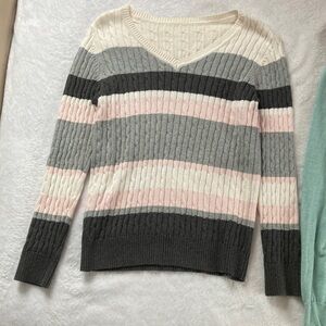 Pink and Gray Striped Cable Knit Top